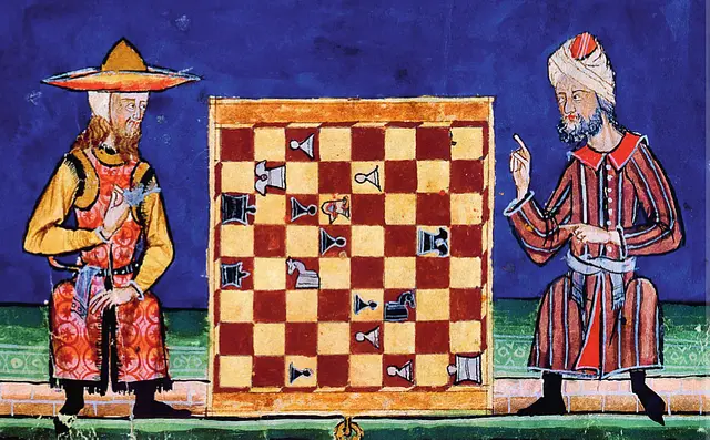 Musulman et juif jouant aux échecs (tableau médiéval)
